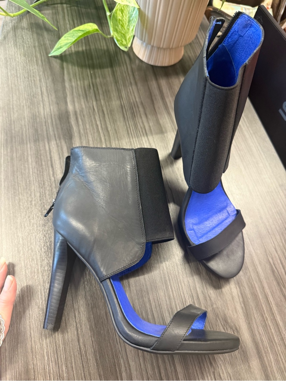 Jeffrey Campbell Black Heeled Open-Ankle Sandals with Bright Blue Insole